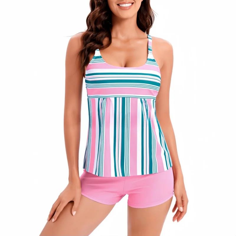 

Women's Striped Printed Belly Covered Swimsuit, Tankini, Plus Size, 2-Piece Boxer, New, 2021