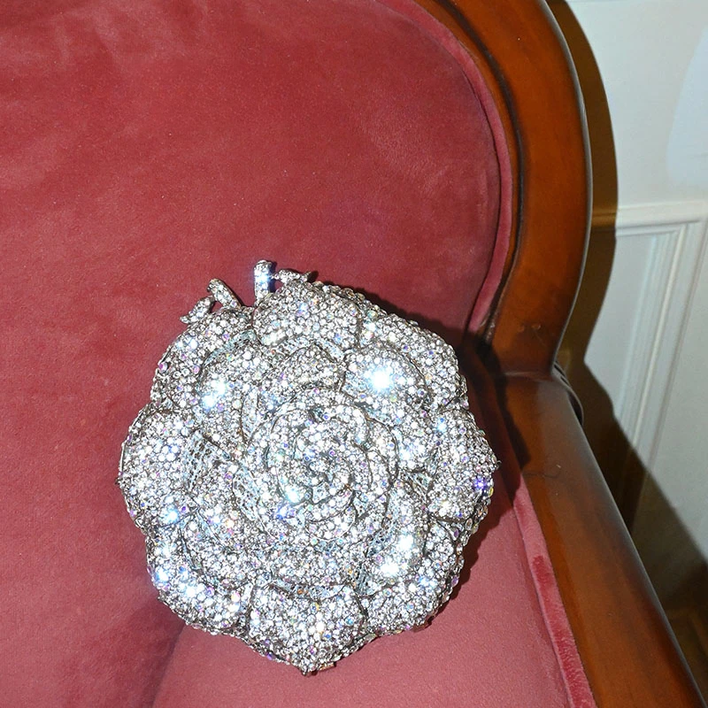 حقائب سهرة مصنوعة يدويًا من الكريستال على شكل وردة للنساء محافظ وحقائب يد معدنية رائعة من الماس لحفلات الزفاف وحفلات الزفاف