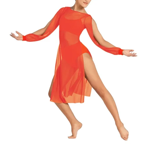 Traje de baile de Ballet moderno de 3 piezas, vestido de malla con aberturas y mangas abiertas con cuello barco, vestido de malla con sujetadores, Top y breve debajo