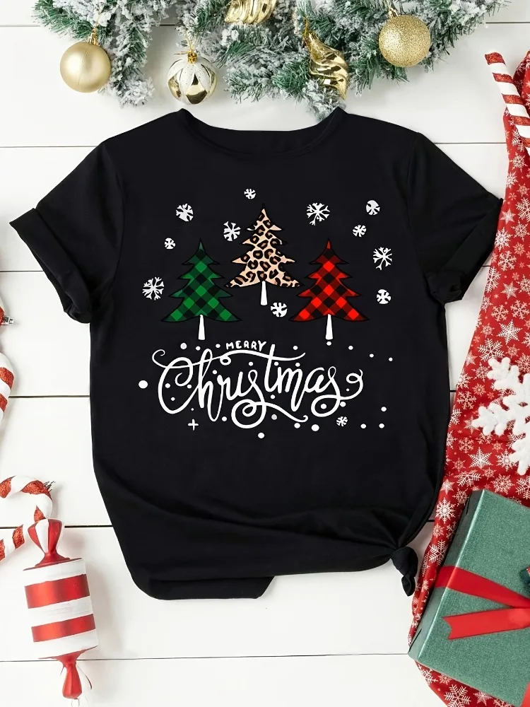 Camiseta cómoda con estampado de árbol de Navidad para mujer, camiseta informal de manga corta con cuello redondo, estilo callejero Harajuku
