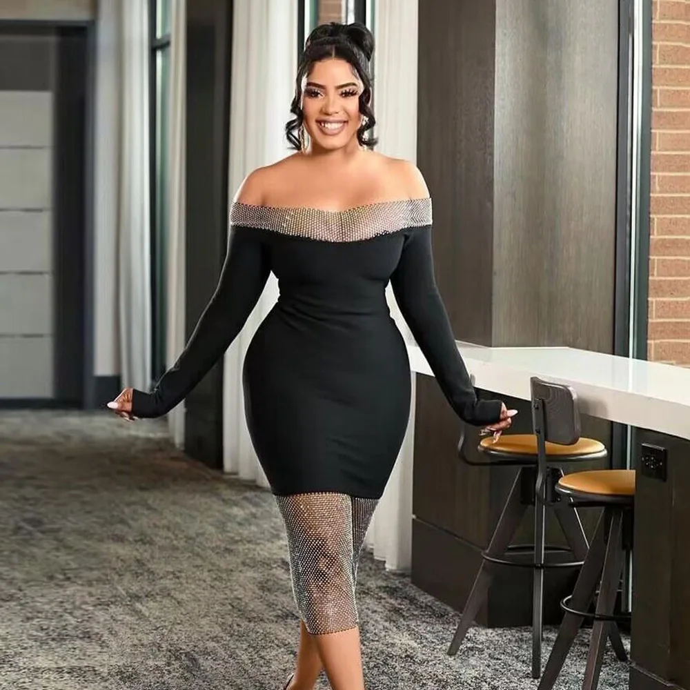 

Rhinestone Detail Autumn Black Women's Dress Mesh Splicing See-through Long Sleeve Off-the-shoulder Mid-Calf Bandage Dress 2024