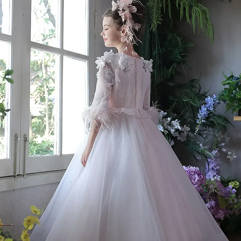 JDY White Girls Dress with Half Sleeve 3D Floral Design Princess Style for Children's Weddings Birthday Party Pageant