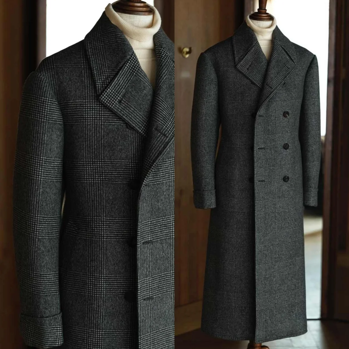 

Classic Men's Long Coat Double Breasted Peaked Lapel Groom Wedding Tuxedos Wool Blend Customized One Piece Jacket