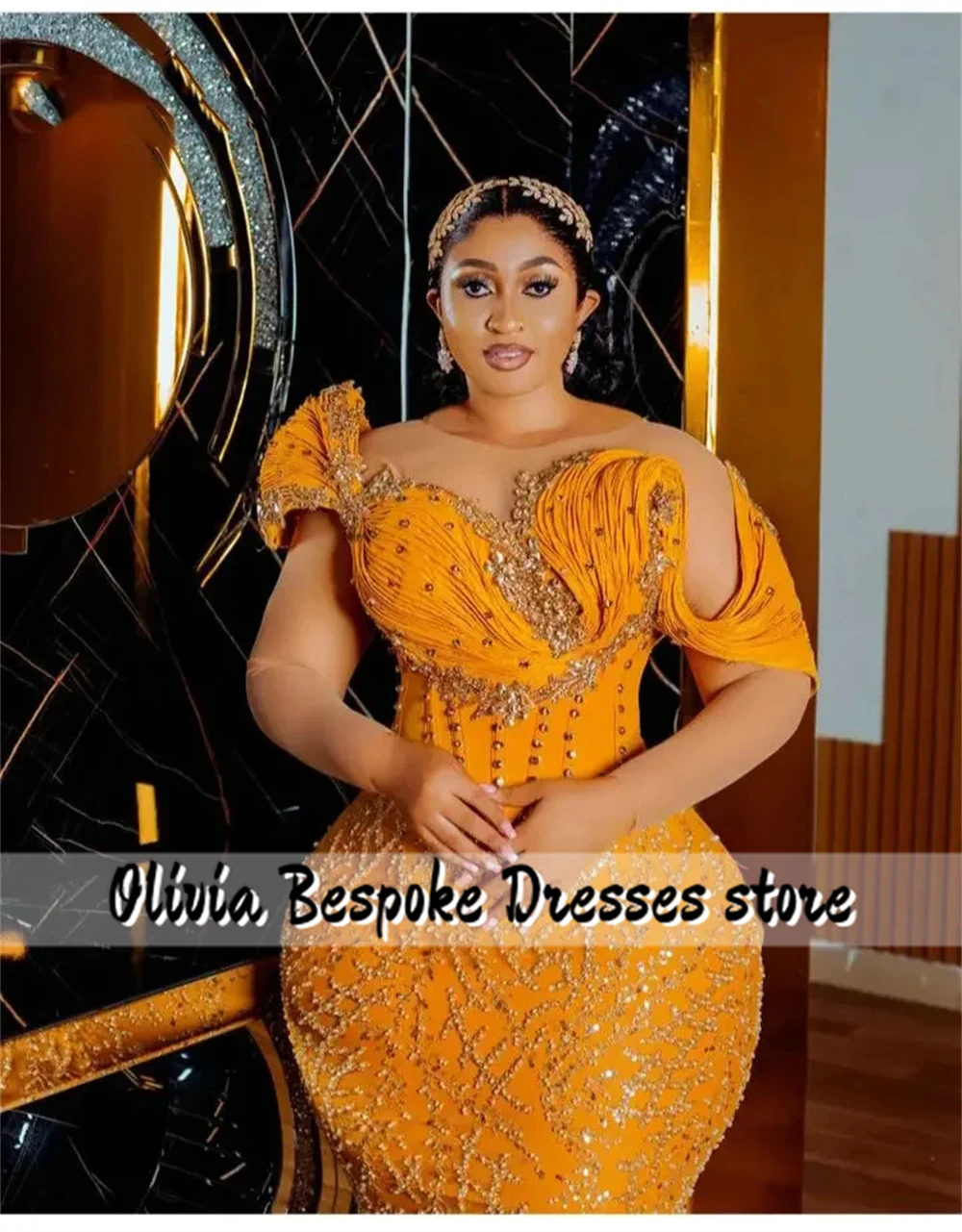 Vivid Orange Mermaid Evening Dresses Beads Crystals Long Sleevs Pleat Mexican Elegant Party Dress For Women 2025 Customized
