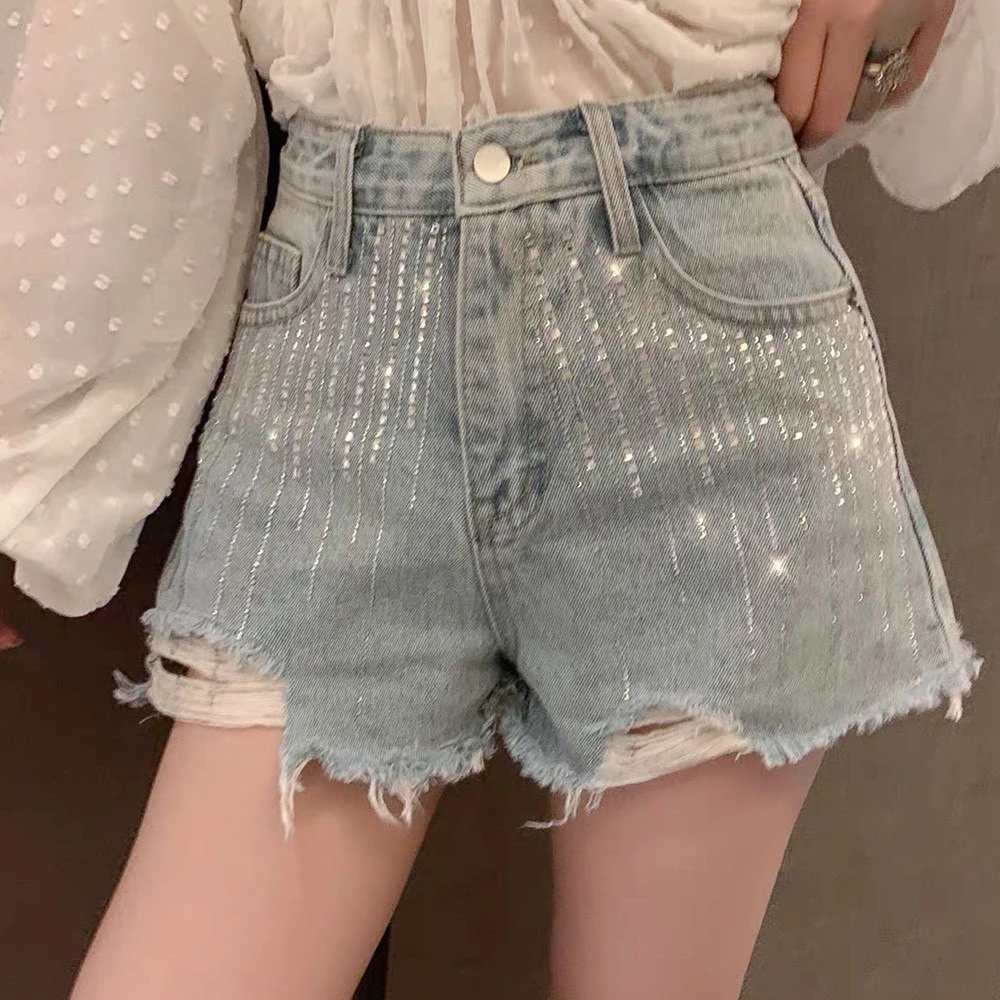 Summer Women Diamonds Hot Pants Trendy High Waist Frayed Hem Denim Shorts A-line Distressed Washed Blue Shorts Streetwear