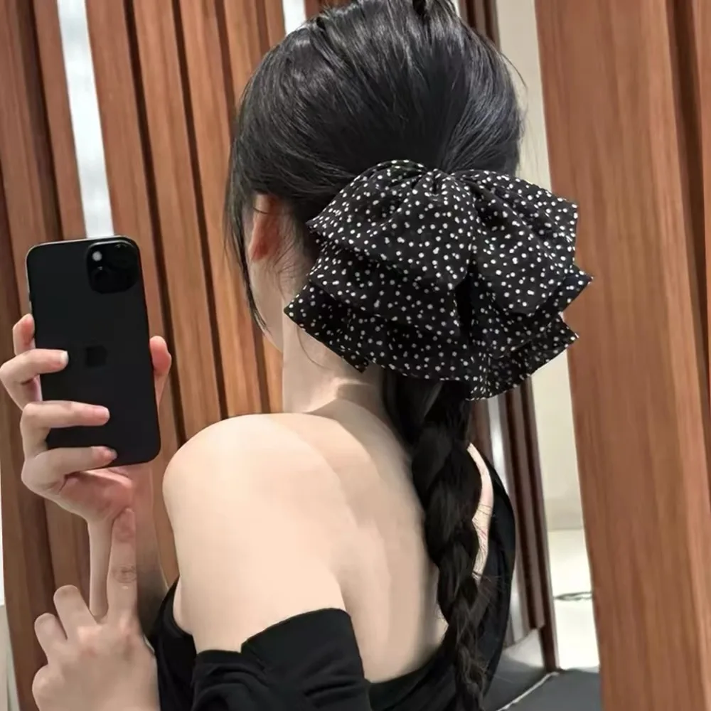 2026 New Black Polka Dot Large Bow Shark Clip for Women Elegant Chiffon Hair Claw Clips Fashion Back Head Hair Accessories Deco