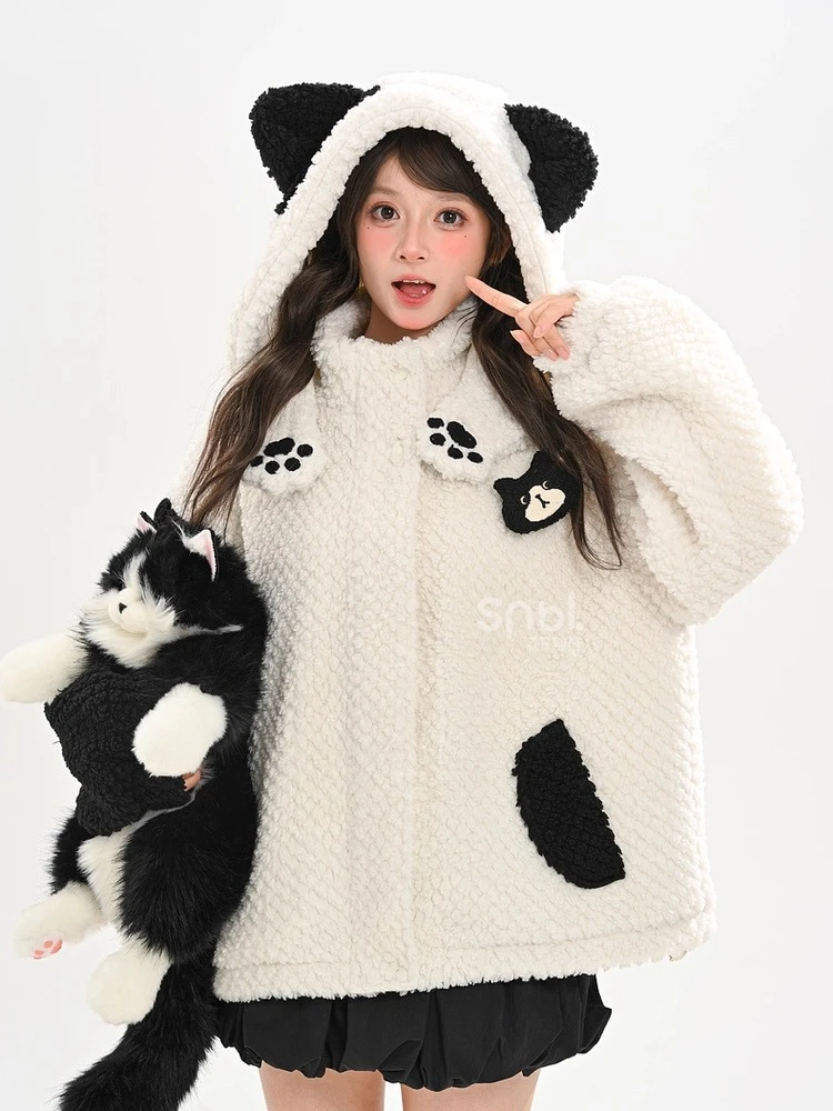 Original Sweet Girl Little Cat Embroidery Fleeced Thick Women's Winter Jackets Coat Loose Casual Zipper Warm Hoodies Sweatshirts