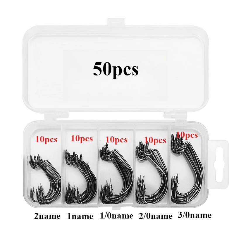 

50pcs Fishing Hooks Set Lig CrankBarbed Hook HighCarbon StainlessSteel Wide GapOffset FishhookSoft Worm SeaHook Tackle Wholesale
