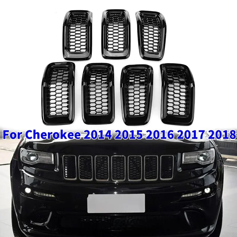 

7Pcs Glossy Black Car Front Bumper Central Grill Cover Trim Mesh Honeycomb Racing Grilles For Cherokee 2014 2015 2016 2017 2018