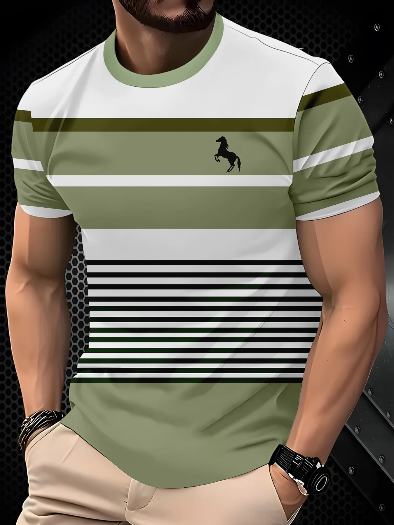 Men White Sage Green Crew Neck Multi-Width Horizontal Stripe Black Horse Silhouette Graphic Short Sleeve T-Shirt