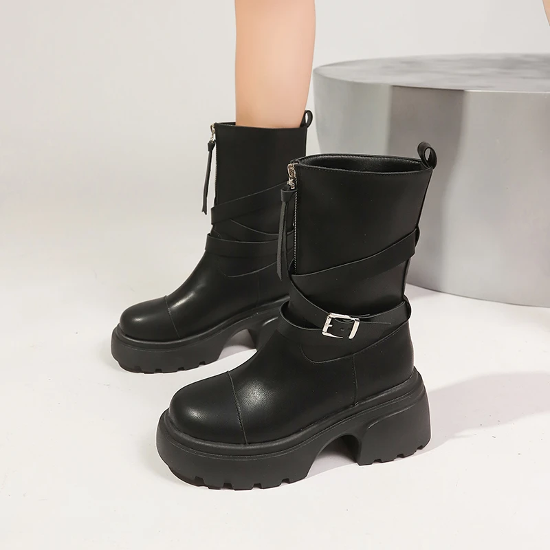 Botas de salto alto Lolita com zíper para mulheres, calçado redondo, designer de luxo, rock, couro, borracha, outono, inverno, 2024