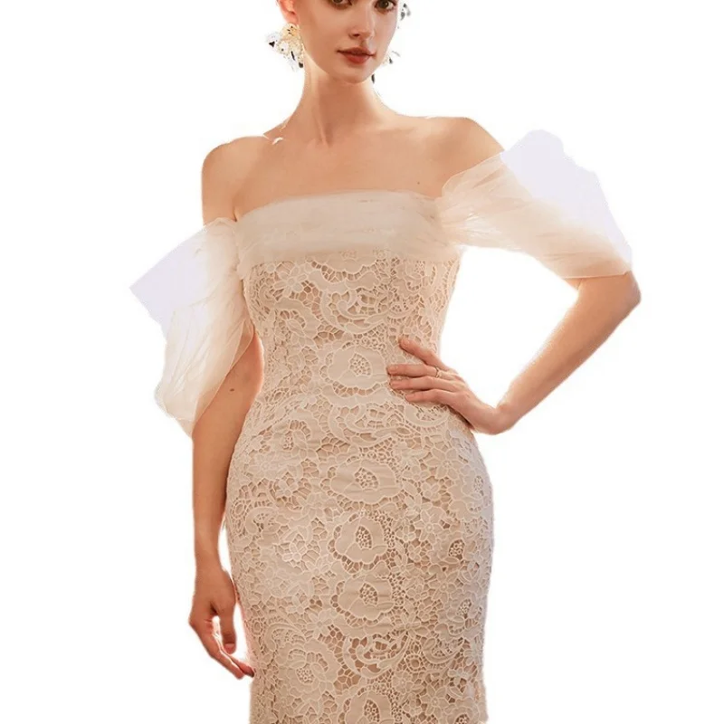 الفرنسية خارج الكتف جديد العروس الغابات نمط في الهواء الطلق ثوب أنيق خمر الدانتيل حورية البحر ضوء ثوب مع الزهور ثلاثية الأبعاد