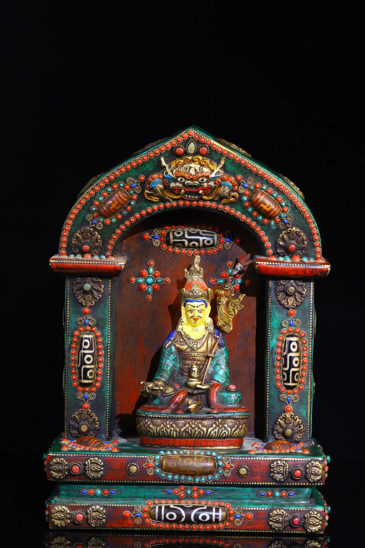 

12"Tibetan Temple Collection Old Bronze Painted Mosaic Gem Turquoise gZi Beads Guru Rinpoche Buddhist Niche Worship Hall