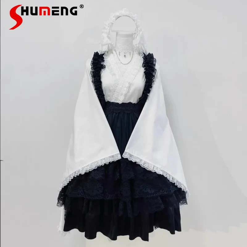 

Japanese Lolita Style White Black Slimming Dress Hollow Water-soluble Lace Retro Diagonal Square Sleeves Improved Yukata Dresses