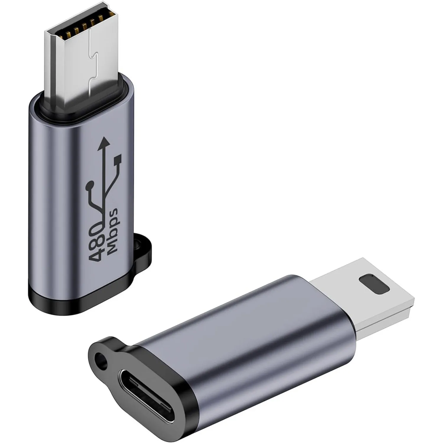480Mbps Mini USB Male to USB C Female Adaptor 18W Mini USB Plug to USB C Jack Data Connector, Al Alloy/Hanging Hole, 2pack
