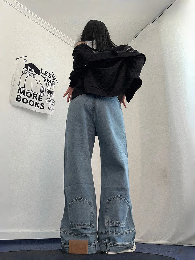 IMU Upside Down Wide Leg Jeans for Women Skater Vintage Wash Cleanfit High Rise Straight Denim Pants Boyfriend Streetwear