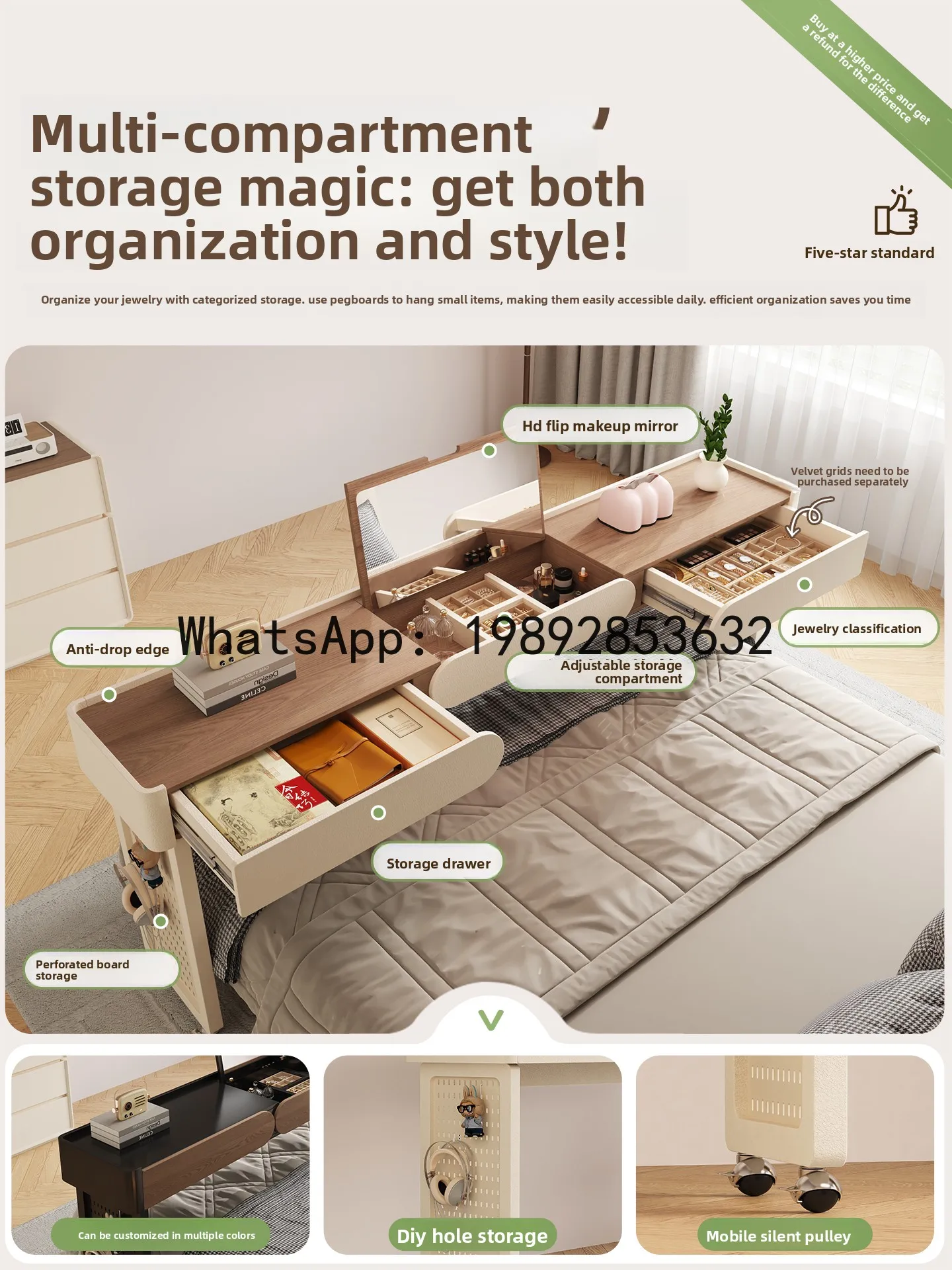 

LYY Movable Bedside Table with Drawer Makeup Table Lazy Bed Computer Desk Home Solid Wood Long Table