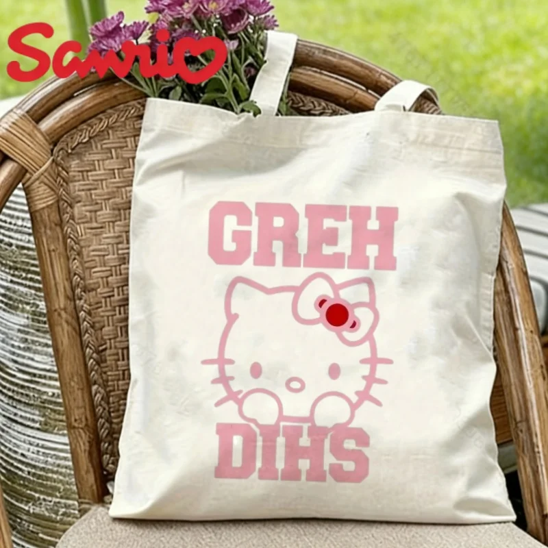 

1PC Hello Kitty Pink Outline Canvas Tote Eco-friendly Reusable Shoulder Bag