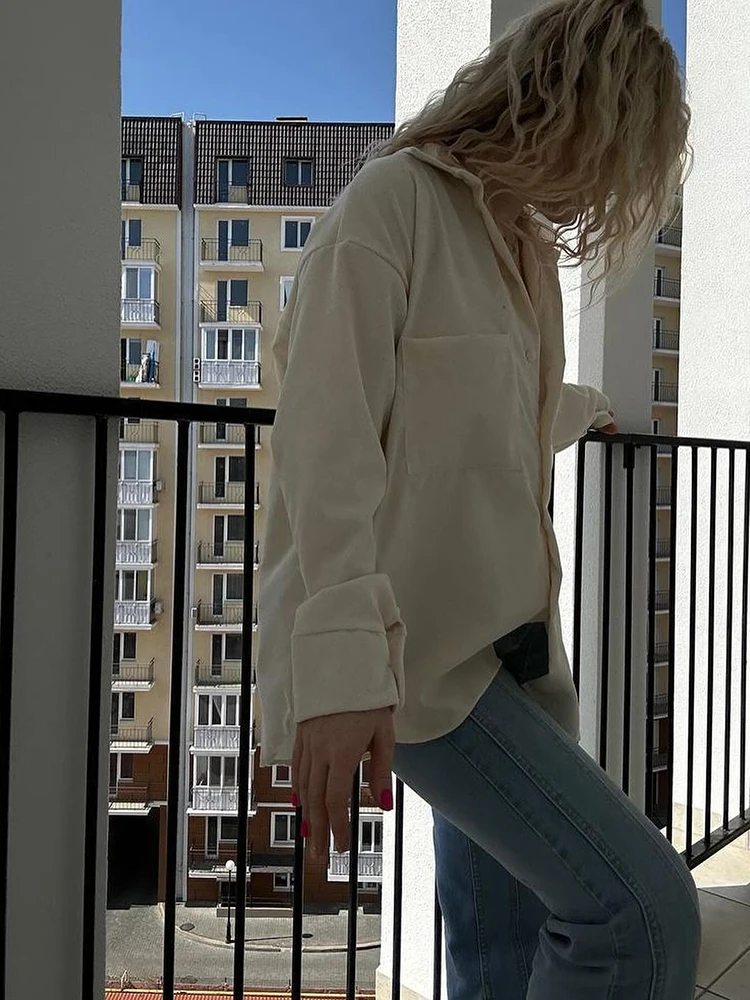 المرأة عادية التلبيب بأكمام طويلة بلون تي شيرت موضة جيب ركاب قمة الخريف الحد الأدنى سروال قصير قميص واحد الصدر #5