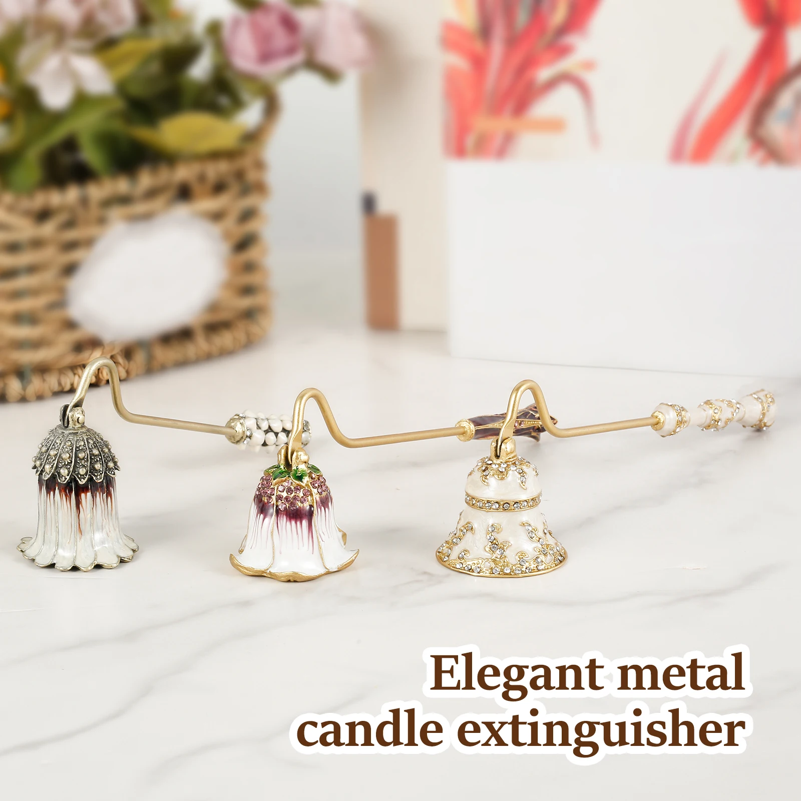 Metal Candle Snuffer With Rotatable Handle Vintage Flower Shape Candle Extinguisher Easy to Use Faux Crystal Decorative Wick