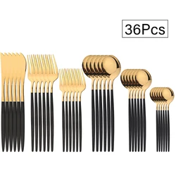 36Pcs Black Gold Cutlery Set Mirror Knife Fork Dessert Spoon Golden Stainless Steel Korean Dinnerware Set Luxury Tableware Set