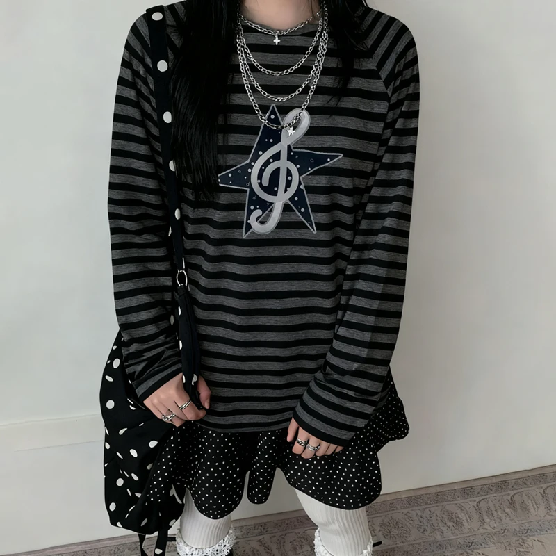 Vintage Retro Striped Long-sleeved Women T Shirt Musical Note Star Print Autumn Loose Casual Oversize Top Streetwear Y2k Trend