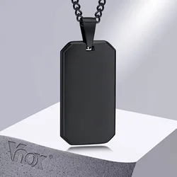 Vnox Men Dogtag Necklaces, Geometric Rectangle Pendant with Cuban Chain, Black Silver Color Stainless Steel Casual Neck Collar