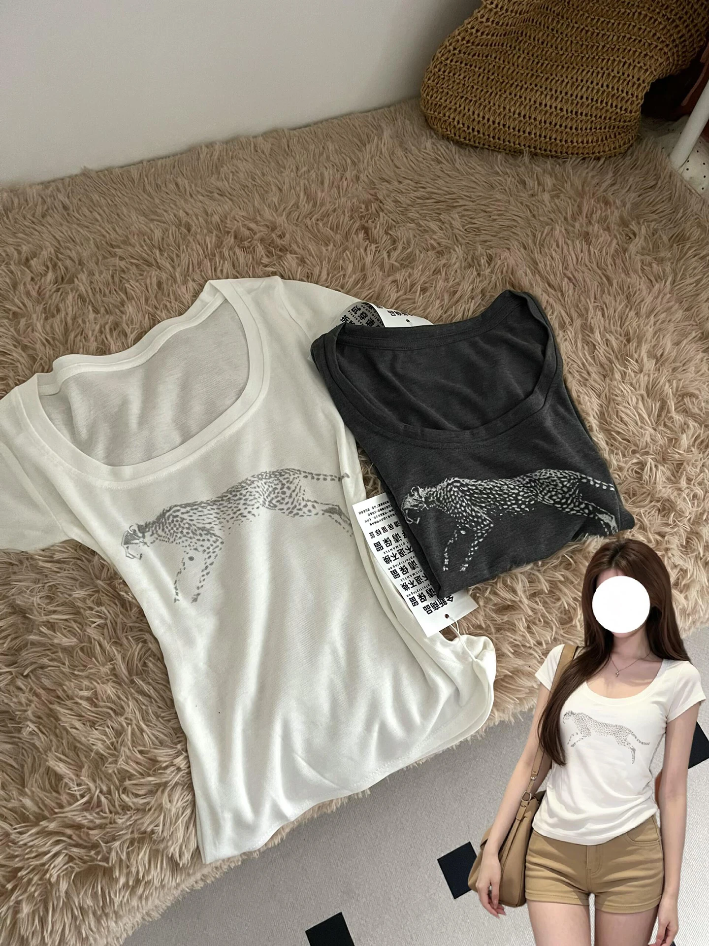 Retro American Leopard Print White Large round Neck Short Sleeve T-Shirt Women's Summer Slimming Sexy Top U-Neck Sleeveless T...