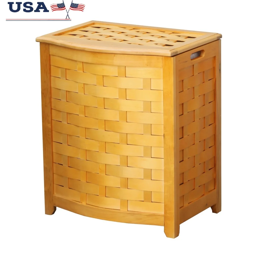 

Bowed Front Wooden Laundry Hamper with Polyester Bag Portable Solid Wood Construction Rubber Bumpers Hand Grips Easy Carrying