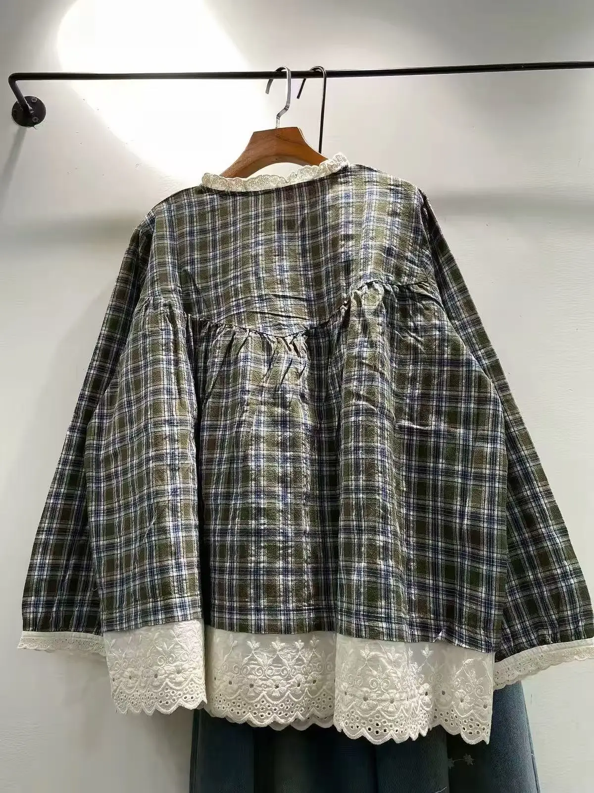 Bust 128cm Women's 100% Cotton Lace Trim Crew Neck Plaid Babydoll Blouse Long‑Sleeve Loose Shirts Embroidery Lace Hem