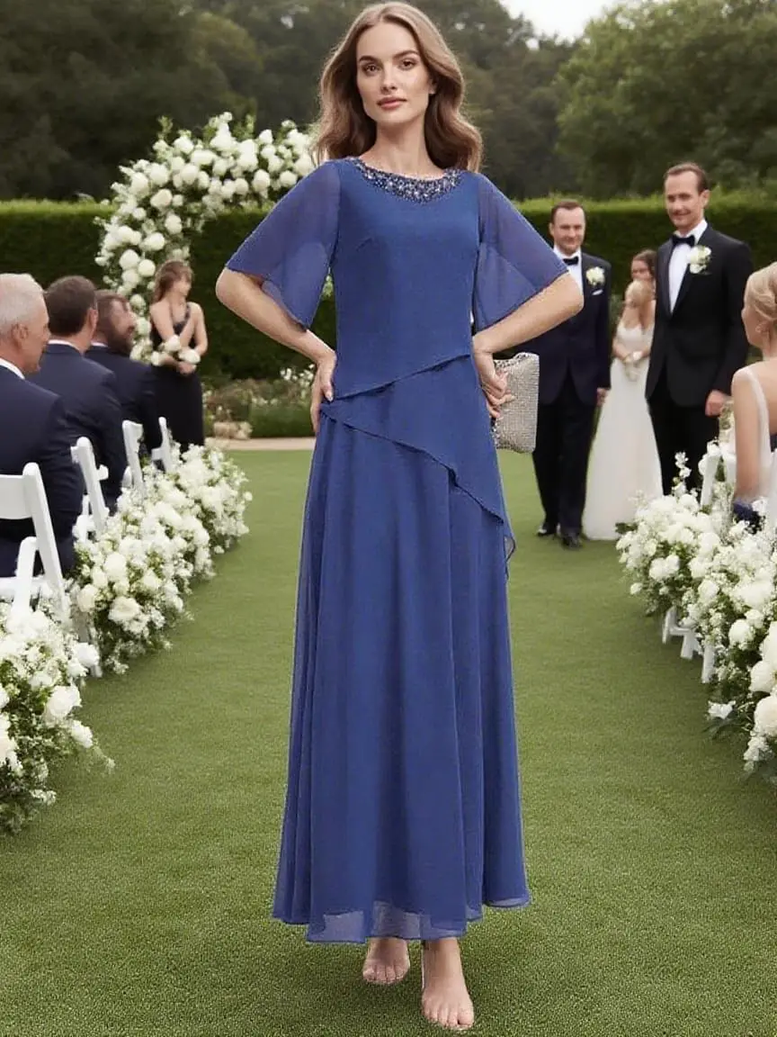 

Scoop Neck Beaded Mother of The Bride Dresses for Women Short Sleeves Tiered Chiffon Formal Evening Gowns