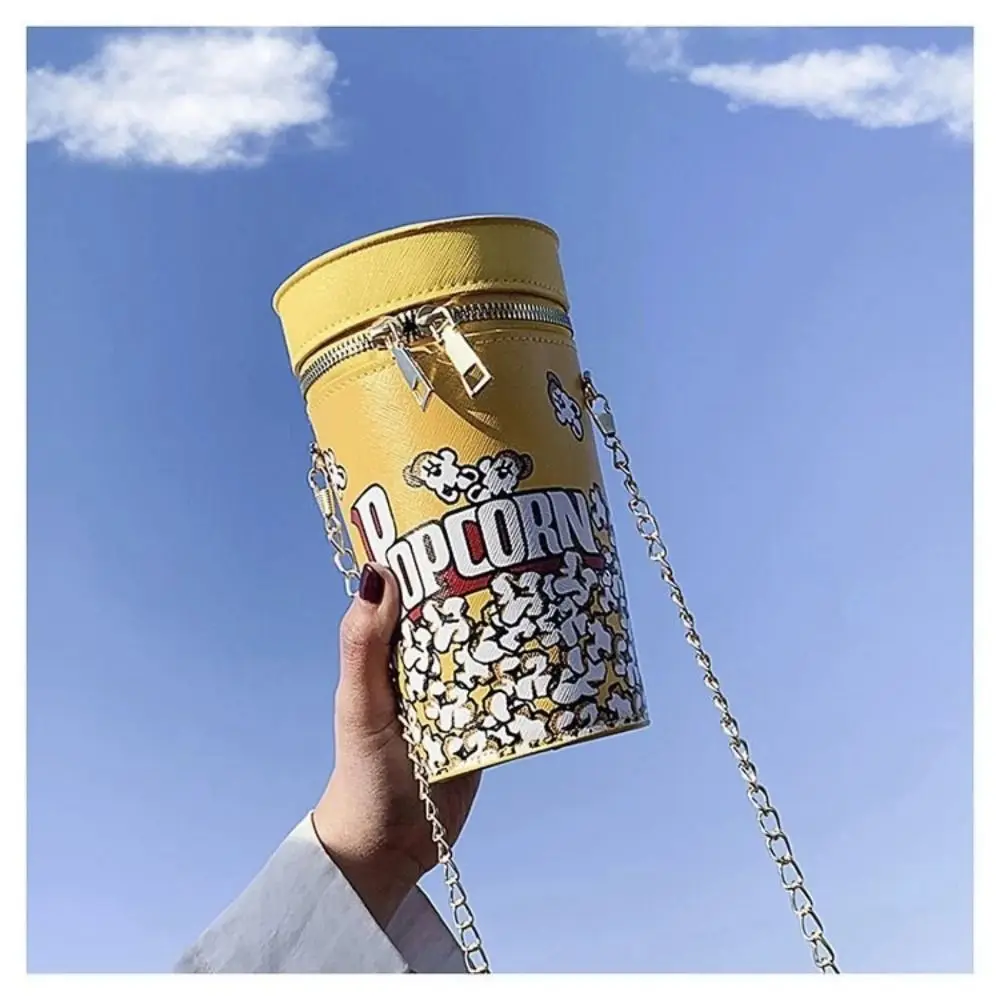 New PU Popcorn Design Bucket Bag Creative Chain Cylinder Purse Fashion Trendy Crossbody Bag