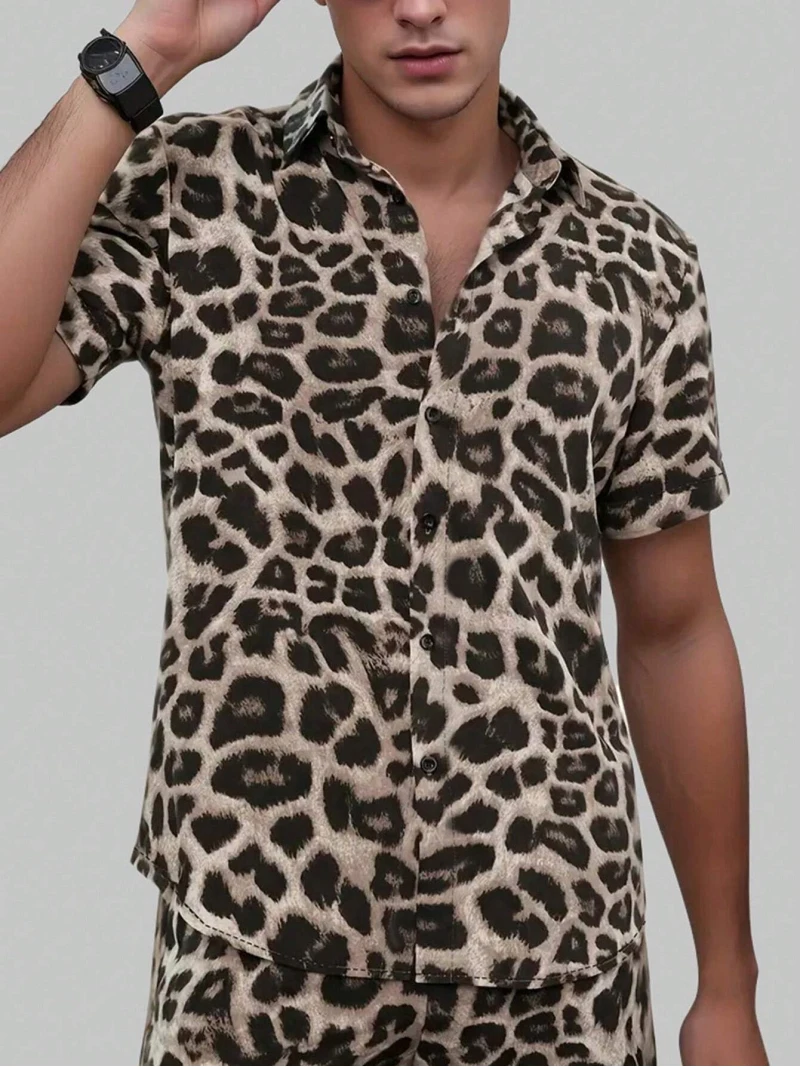 Summer Fashion Men's Vacation Sexy Leopard-Zebra Print Short Sleeve Shirt and Drawstring Shorts Casual Two Piece Leisure Suit