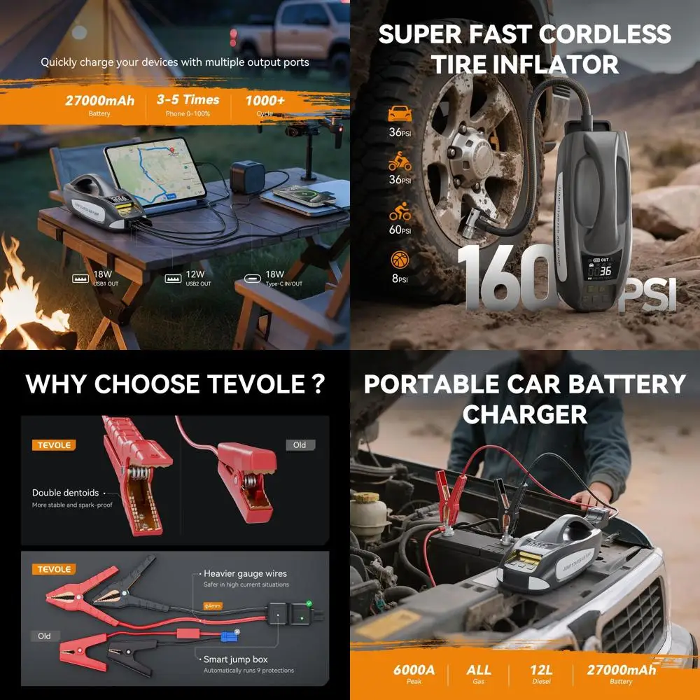 

Стартер 6000А с воздушным компрессором, портативный автомобильный аккумуляторный стартер емкостью 27000 мАч и 160 фунтов на квадратный дюйм, аккумулятор 12 В (все газы 12 л].