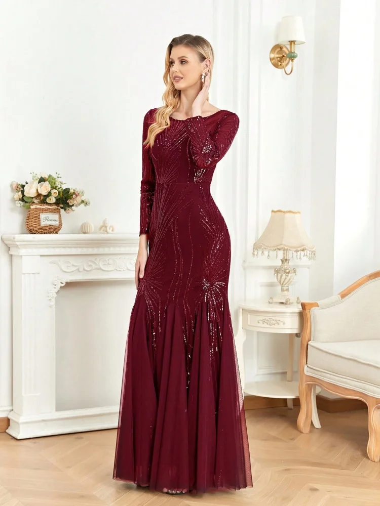 Elegant แขนยาวสีแดงเลื่อมชุดราตรี 2025 ผู้หญิง Mermaid อย่างเป็นทางการ Maxi ชุดราตรีค็อกเทล Graduation Gowns