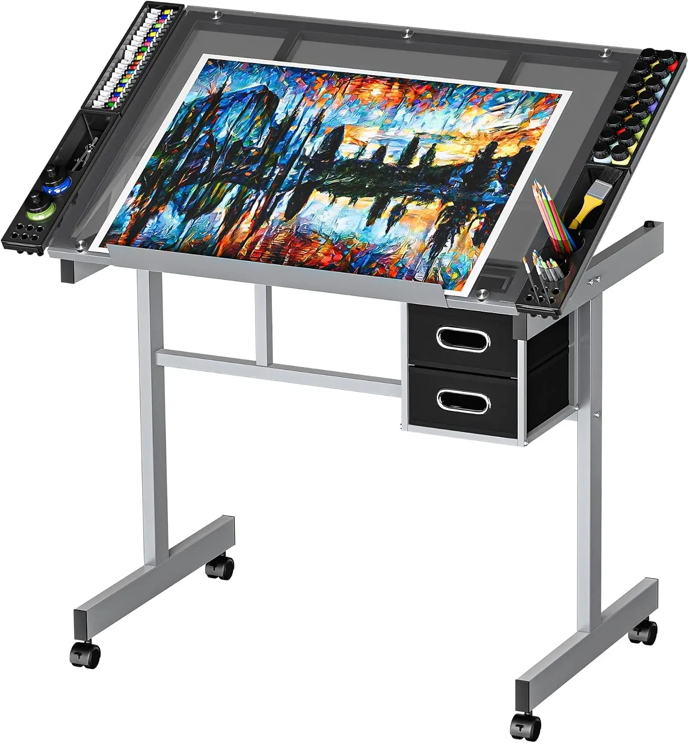 Glass Drafting Table for Artists | Mobile Rolling Drawing Desk with Adjustable Tilting Glass Top, Storage Drawers, Art Craft Workstation for Adults