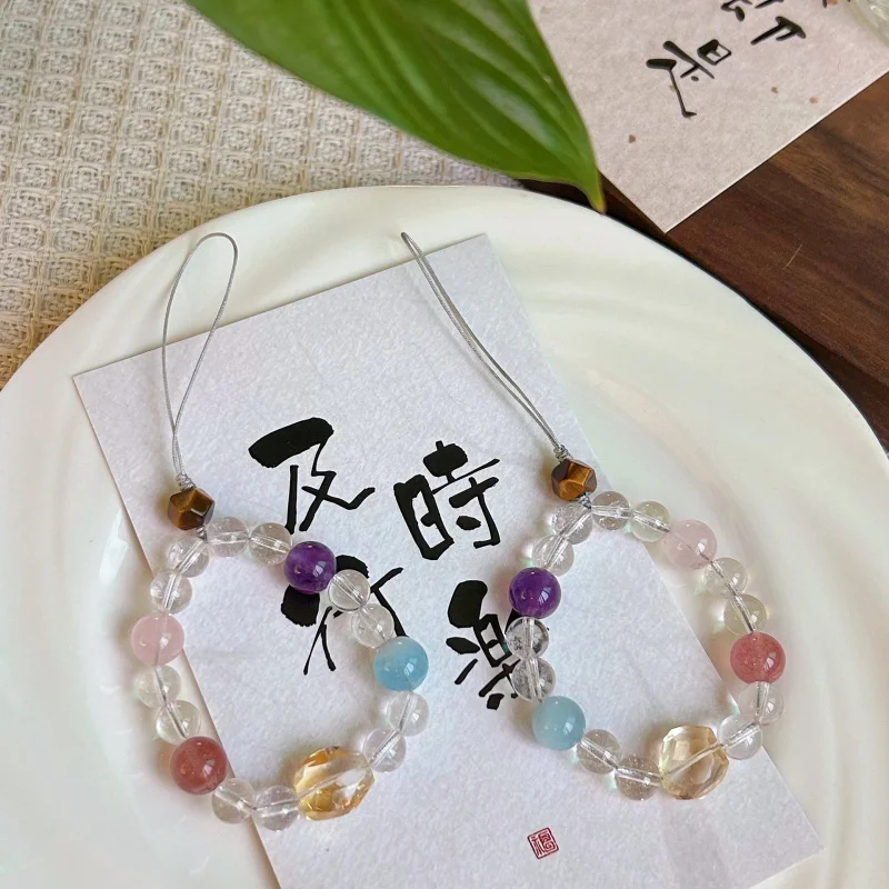 Original natural multi-gem crystal pendant mobile phone strap, good luck hanging rope, handmade keychain, bag accessory