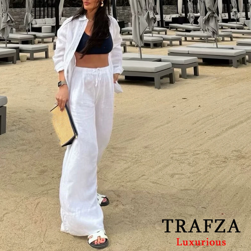 TRAFZA Casual Loose Women Suits Long Sleeve Buttons Shirt+High Waist Wide Leg Elastic Pants Fashion 2024 Summer Vintage Sets