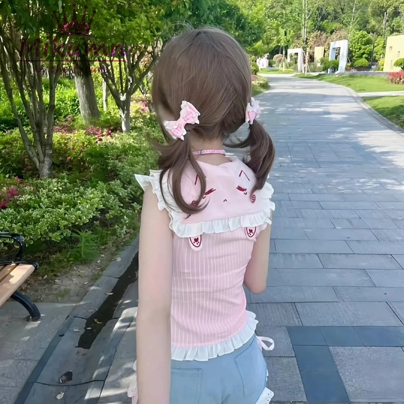 MikAutumn-تي شيرت نسائي ياباني لوليتا قطة مطبوع عليها رسوم كرتونية ، كاواي ، نمط Preppy ، قمم صيفية Y2K ، قوس هاراجاكو ، كشكشة ، تيشيرتات لطيفة #3