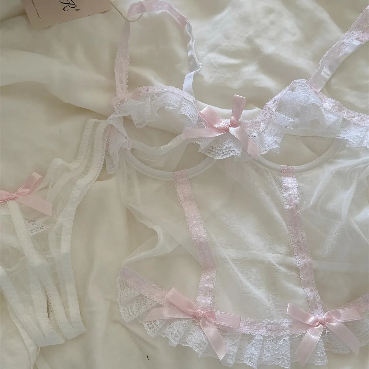 

Pure desire mesh sexy gathering mesh lace knot thin cup lace sexy top support breathable lingerie set