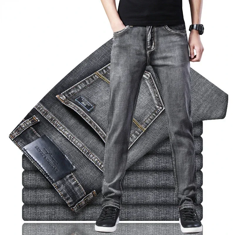 Classic Style Summer Men\'s Thin Grey Jeans Business Fashion High Quality Stretch Denim Straight Pants Male Brand Trousers