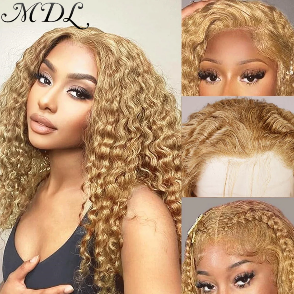 MDL 100% Remy Human Hair 13x4 HD Lace Front Human Hair Wigs for Women Pre Pulcked Deep Wave Light Brown Color 27# Glueless