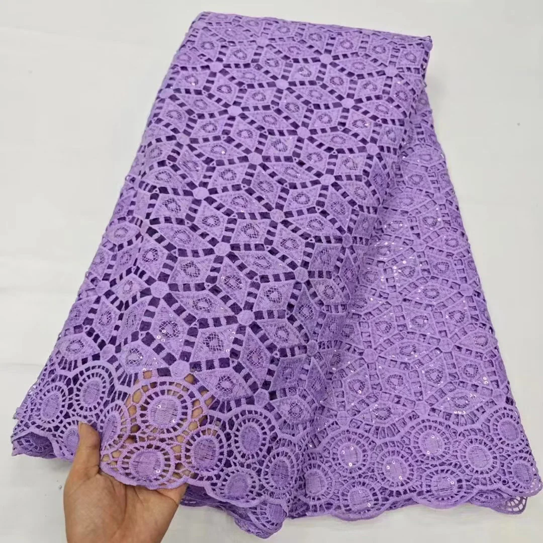 

(5yards/pc) Lilac purple African cord lace soft water soluble lace with sequins Nigerian party lace for dress 11 colors WXS010