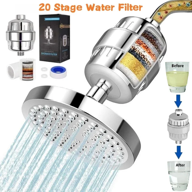 20 Stage Shower Hard Water Purification Filter Showerhead Activated Carbon Water Purifier Chlorine Removal Reduce Dry Itchy Skin