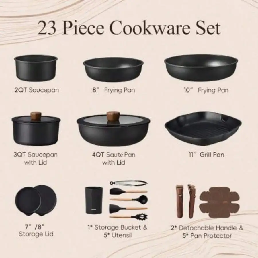 23pcs Pots And Pans Set Non Stick, Cookware Set Detachable Handle Grill Pan, Induction Compatible, Dishwasher And Oven , Space S