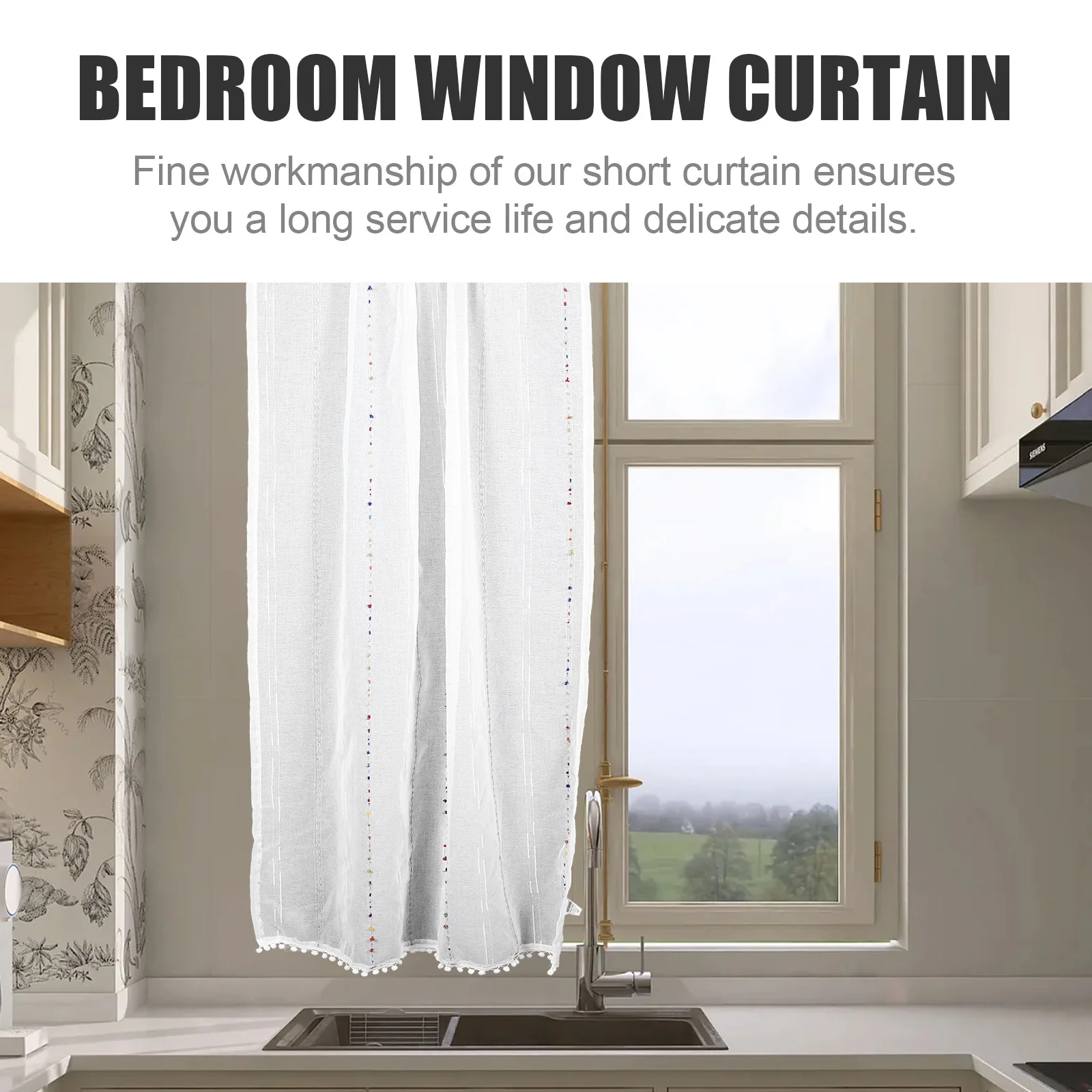 

Short Window Curtain Kitchen Bedroom Polyester Colorful Pompom Decor Privacy Light Filtering Decorative Half Curtain Home Decor