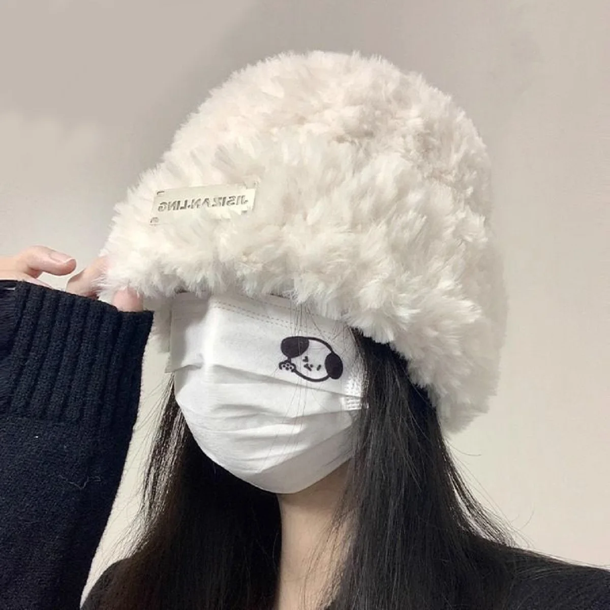 Gorro de punto para mujer, cubierta de cabeza de punto versátil, cara pequeña, cálido y blanco, sombrero frío de felpa, cabeza grande C, nuevo, Otoño e Invierno