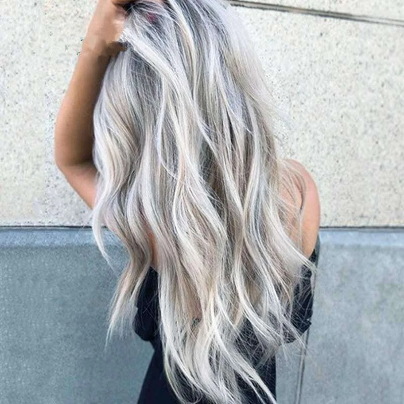 New European and American style dyed middle-parted long curly hair COSGray gradient Anime Wig New women's synthetic fiber headge