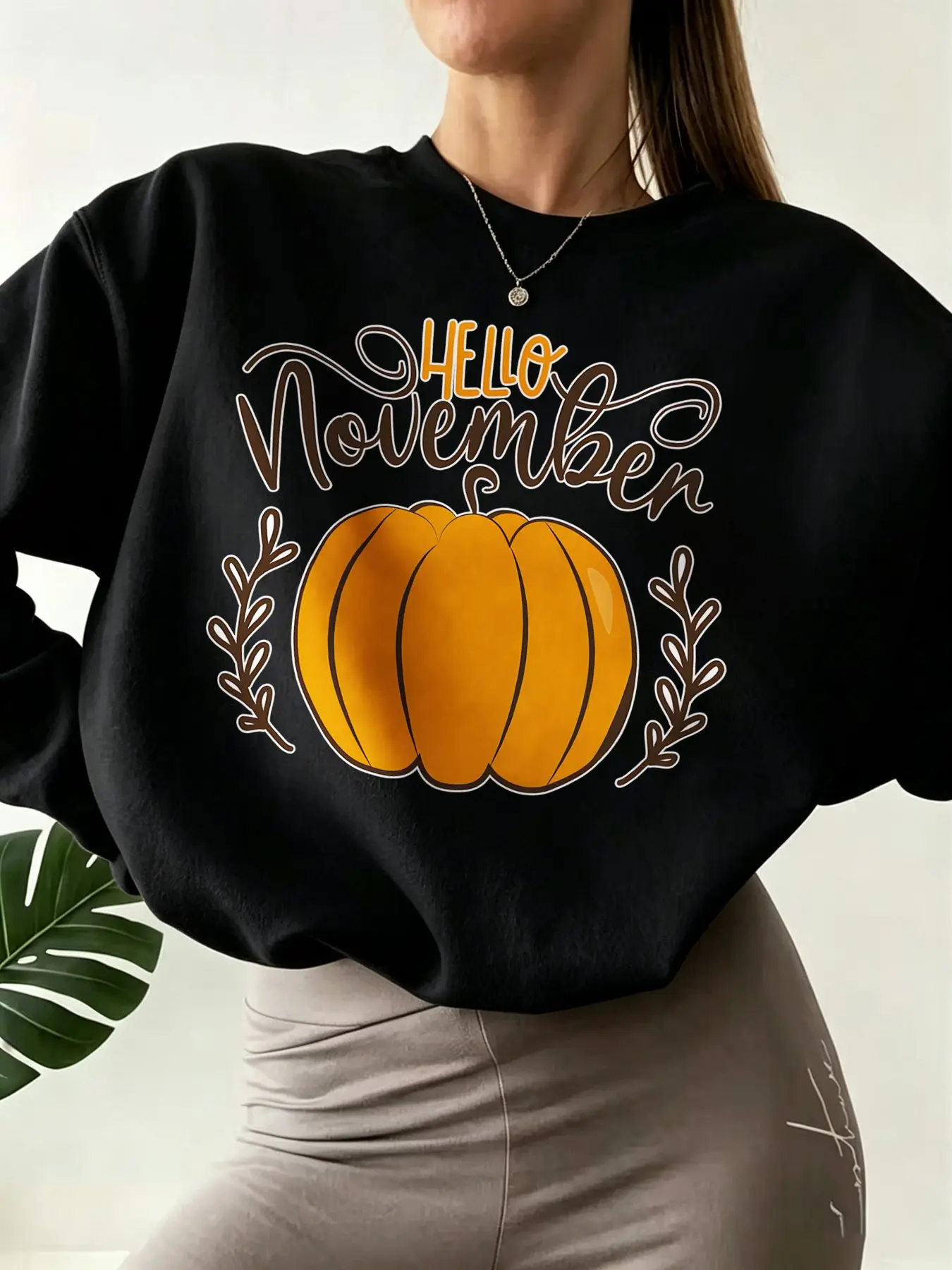 Oversized Women Fall Crewneck Sweatshirt Hello November Pumpkin Leaf Graphic Print Long Sleeve Pullover Autumn Casual Tops