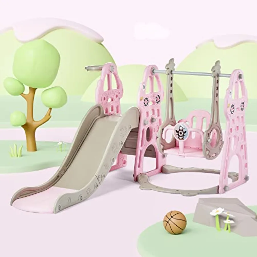 

4 in 1 Toddler Slide and Swing Set With Basketball Hoop - Indoor Outdoor Playset for Ages 1-2 - Pink